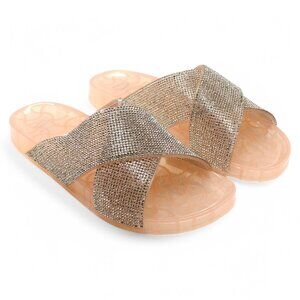 Inc Womens Pink Pool Crisscross Straps Rhinestone Viraa Round Toe Slip on Slide
